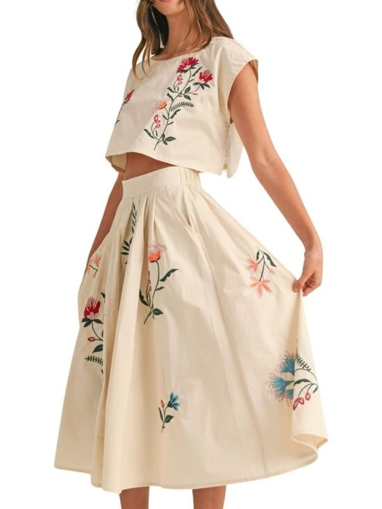 Dresses & Skirts - Floral Embroidery Boho Dress Set - Sleeveless Tank Top & Loose Fit Skirt